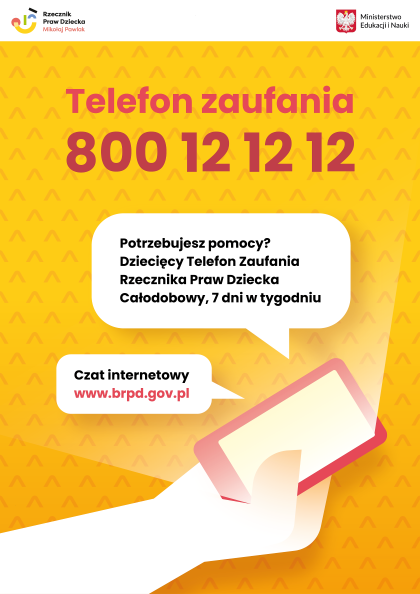 Żółty plakat z informacjami dotyczącymi telefonu zaufania